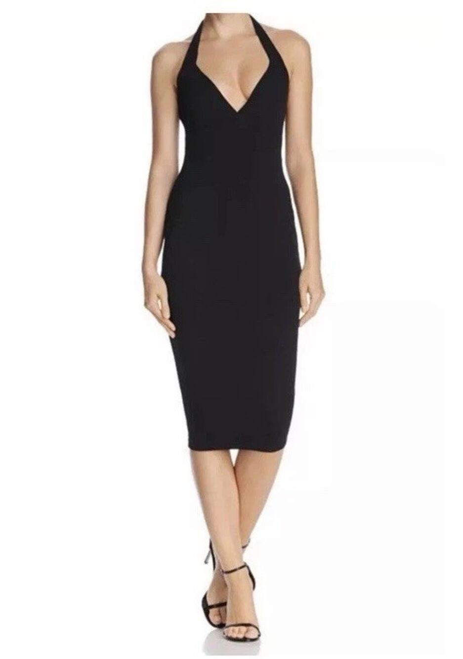 Nookie Medea Midi Bodycon Halter Dress Black Open Back XS NWT Glam Edgy Cocktail